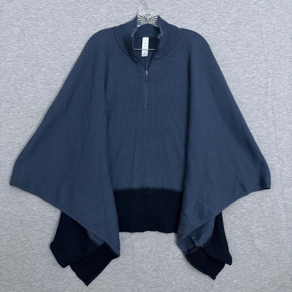 Lululemon Womens OS Gray Blue Merino Wool On The Go Poncho Half Zip Sweater